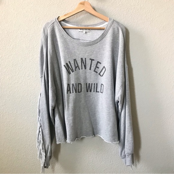 Wildfox Tops - Wildfox Gray Ophelia Fringe Balloon Sleeve Wanted and Wild Sweatshirt Size XL
